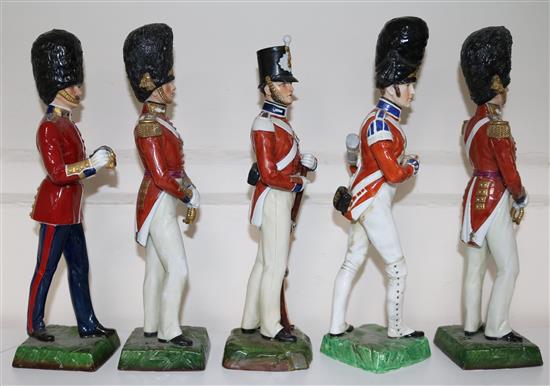 Two Dresden models of Grenadier Guards and four Sitzendorf models 27.5cm - 29cm, losses